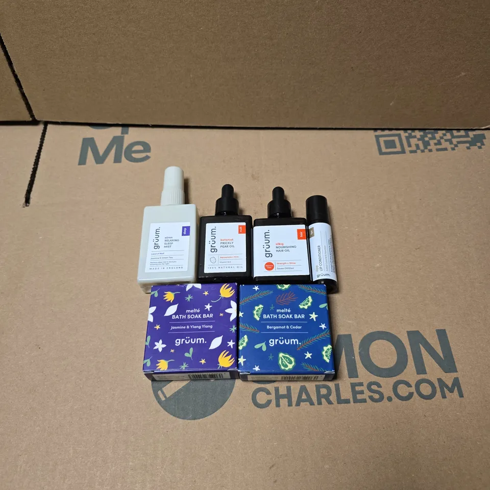 6 X ASSORTED GRUUM PRODUCTS TO INCLUDE SOAK BAR, NOURISHING HAIR OIL 