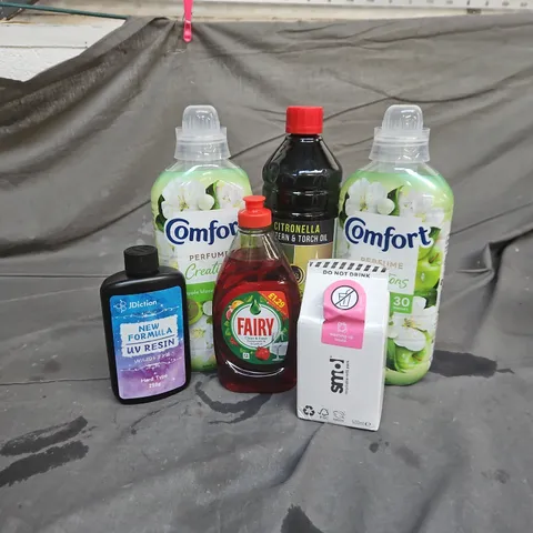 APPROXIMATELY 11 ASSORTED LIQUIDS TO INCLUDE SOL WASHING UP LIQUID, UV RESIN, FAIR WASHING UP LIQUID, ETC