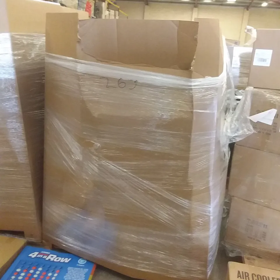 PALLET OF ASSORTED ITEMS INCLUDING AIR COOLER, JUMBO 4 IN A ROW, SINGLE HOMIE INDUCTION COOKER, QUICKDRAW WOODEN CROQUET SET, DART GAME, VIFLYKOO VINTAGE TURNTABLE 
