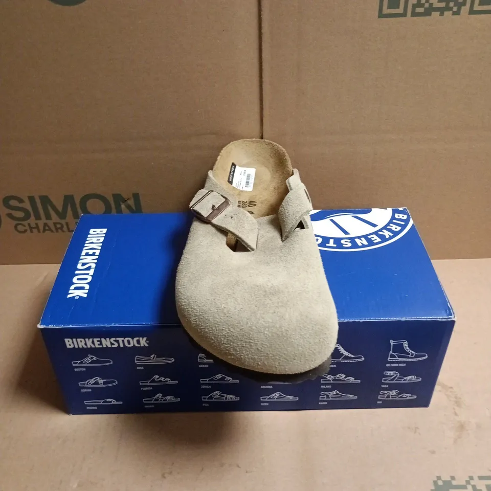 BOXED PAIR OF BIRKENSTOCK BOSTON CLOGS IN TAUPE SUEDE - 7