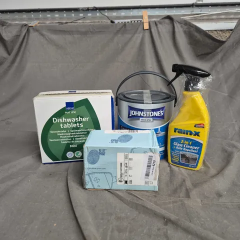 BOX OF APPROXIMATELY 20 ASSORTED HOUSEHOLD ITEMS TO INCLUDE DISHWASHER TABLETS, JOHNSTONE PAINT, 2 IN 1 GLASS CLEANER, BLUE PRINT BRAKE PADS ETC