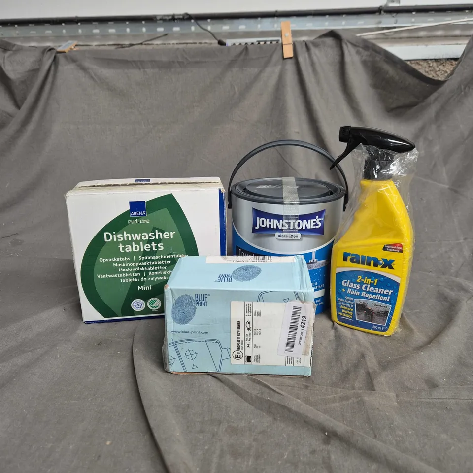 BOX OF APPROXIMATELY 20 ASSORTED HOUSEHOLD ITEMS TO INCLUDE DISHWASHER TABLETS, JOHNSTONE PAINT, 2 IN 1 GLASS CLEANER, BLUE PRINT BRAKE PADS ETC