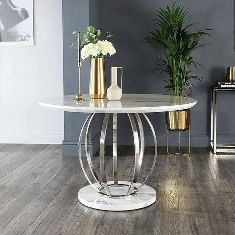 BOXED SAVOY ROUND DINING TABLE, 120CM, GREY MARBLE EFFECT & CHROME (3 BOXES)