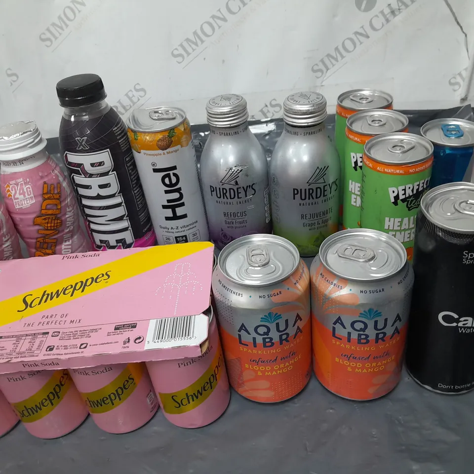 LOT OF 15 ASSORTED DRINK ITEMS TO INCLUDE PRIME, PURDEYS AND AQUA LIBRA