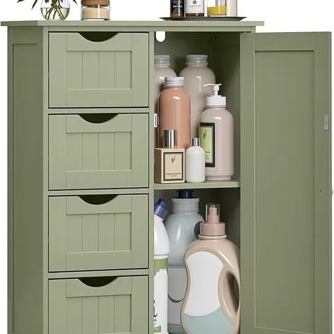 BOXED VASAGLE BATHROOM FLOOR STORAGE CABINET, BATHROOM STORAGE UNIT WITH 4 DRAWERS, BATHROOM CABINET FREESTANDING, WITH 1 DOOR, ADJUSTABLE SHELF, 30 X 55 X 82 CM, LAUREL GREEN LHC041C02