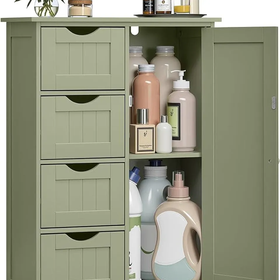 BOXED VASAGLE BATHROOM FLOOR STORAGE CABINET, BATHROOM STORAGE UNIT WITH 4 DRAWERS, BATHROOM CABINET FREESTANDING, WITH 1 DOOR, ADJUSTABLE SHELF, 30 X 55 X 82 CM, LAUREL GREEN LHC041C02