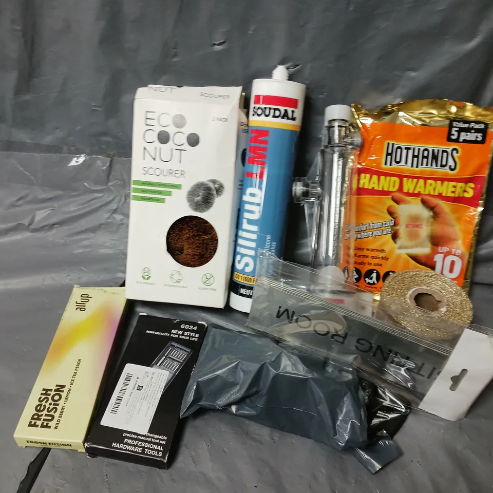 APPROXIMATELY 12 ASSORTED HOUSEHOLD ITEMS TO INCLUDE AIR UP FILTER, HAND WARMERS, SILIRUB, ETC