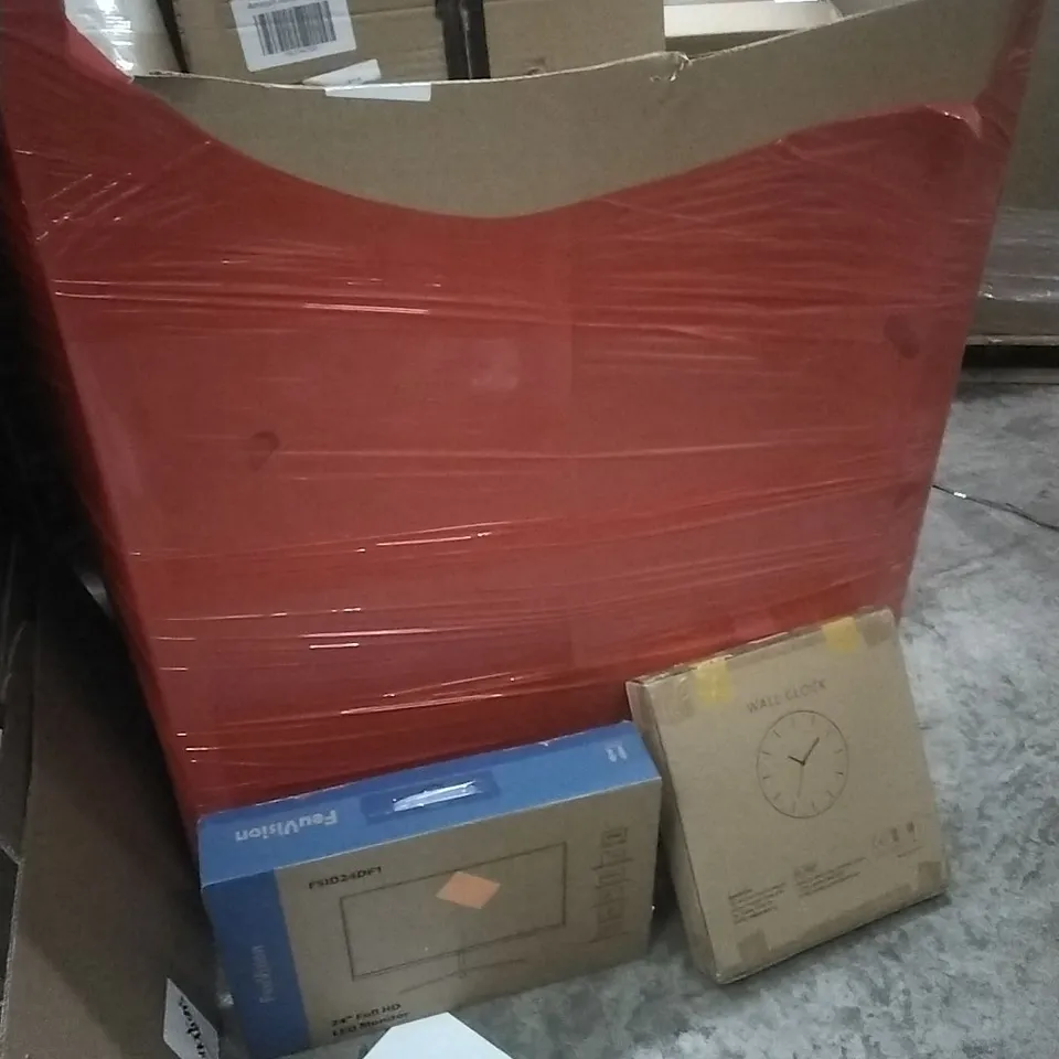 PALLET OF ASSORTED HOUSEHOLD GOODS AND PRODUCTS TO INCLUDE; HD LED MONITOR, WALL CLOCK, BOXED FURNITURE ETC