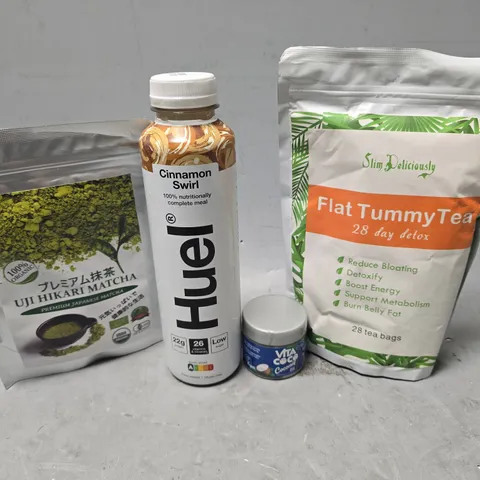 APPROXIMATELY 10 ASSORTED FOOD & DRINK ITEMS TO INCLUDE - VITA COCONUT OIL , MATCHA , HUEL CINNAMON SWIRL ETC