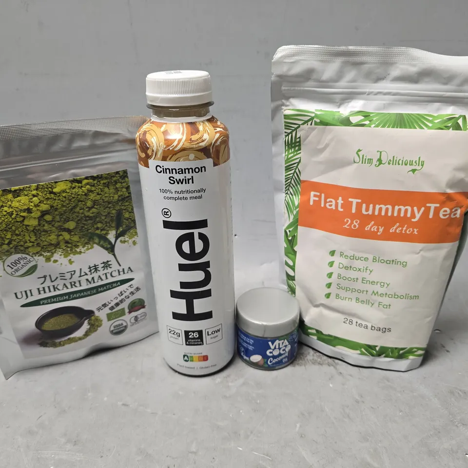 APPROXIMATELY 10 ASSORTED FOOD & DRINK ITEMS TO INCLUDE - VITA COCONUT OIL , MATCHA , HUEL CINNAMON SWIRL ETC