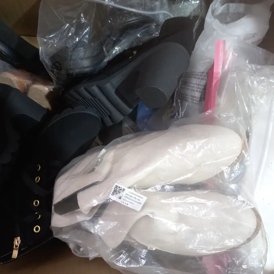BOX OF APPROXIMATELY 15 ASSORTED PAIRS OF SHOES AND FOOTWEAR ITEMS IN VARIOUS STYLES AND SIZES TO INCLUDE BIRKENSTOCK, ASOS DESIGN, M&S, ETC