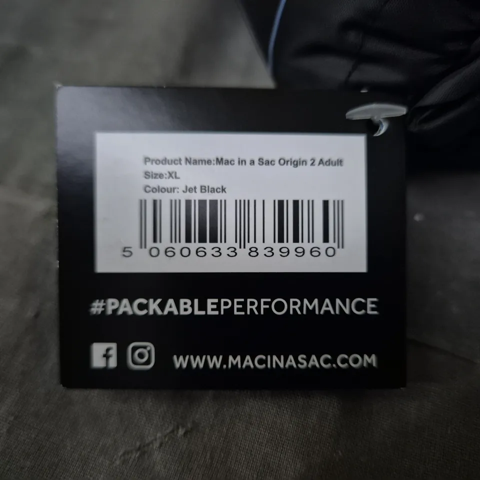 MAC IN A SAC ORIGIN 2 ADULT WATERPROOF PACKABLE JACKET – JET BLACK, UK XL
