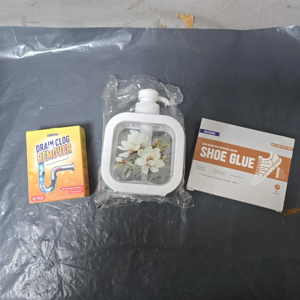 APPROXIMATELY 10 ASSORTED HOUSEHOLD ITEMS TO INCLUDE DRAIN CLOG REMOVER, SUPER GLUE & SOAP DISPENSER ETC