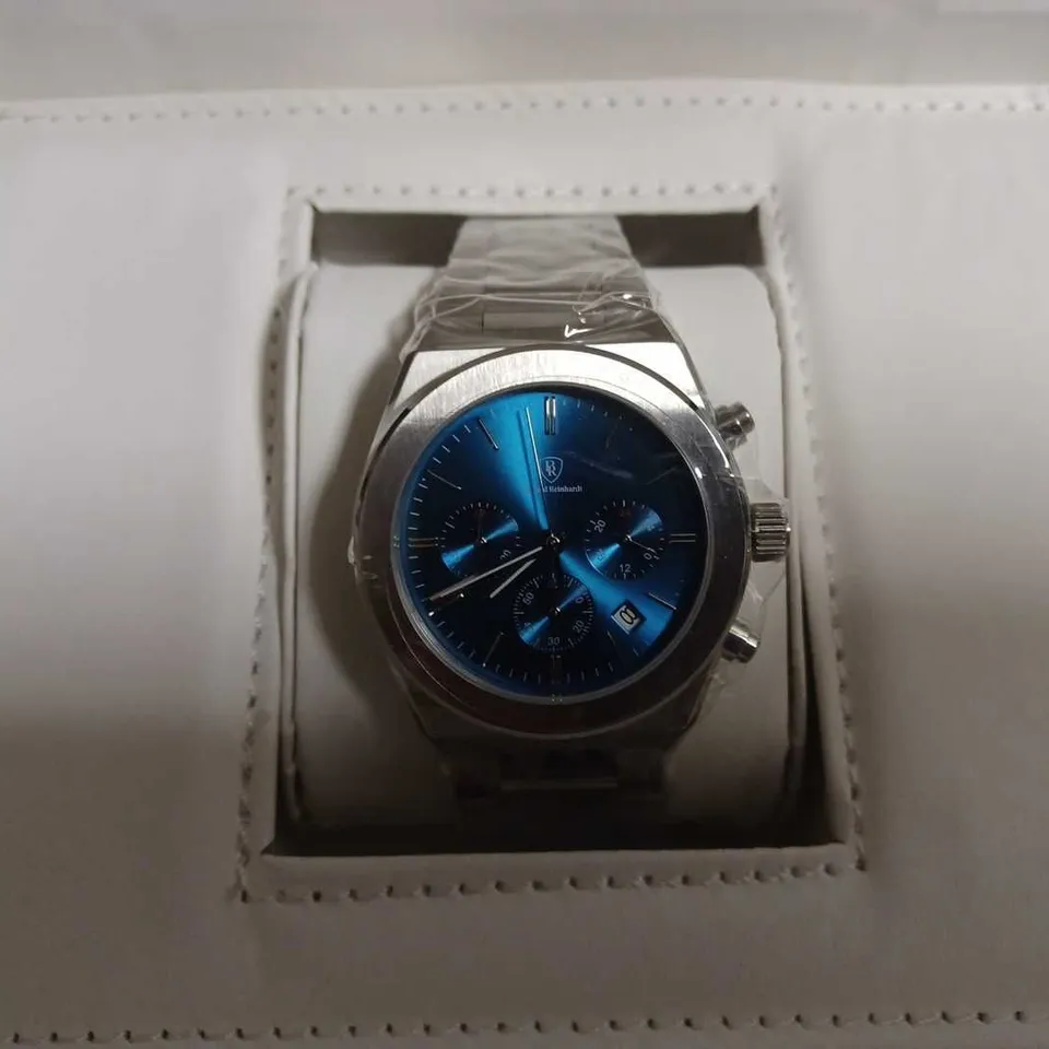 BOXED BERNARD REINHARDT BLUE DIAL CHRONOGRAPH WATCH 