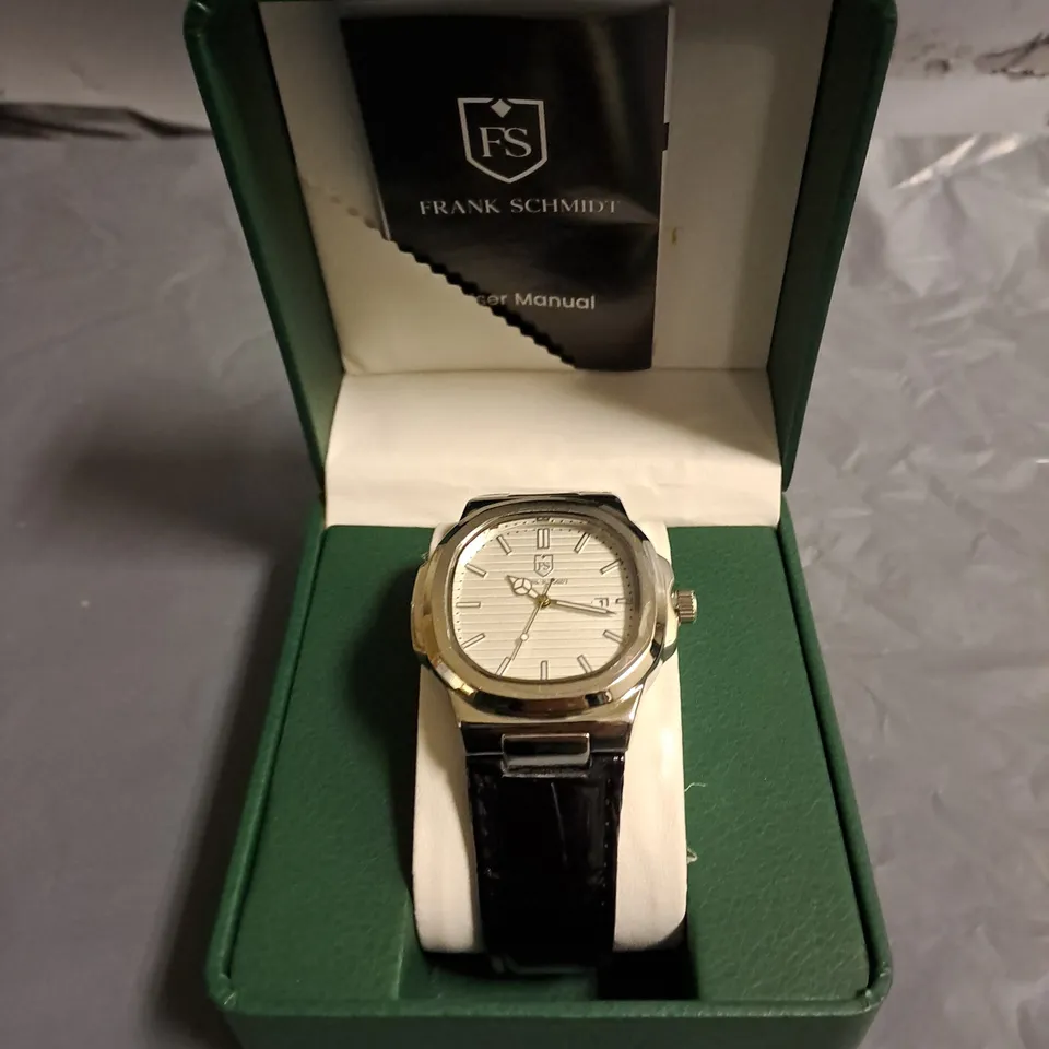 FRANK SCHMIDT WHITE DIAL GENTS WATCH WITH BLACK LEATHER STRAP