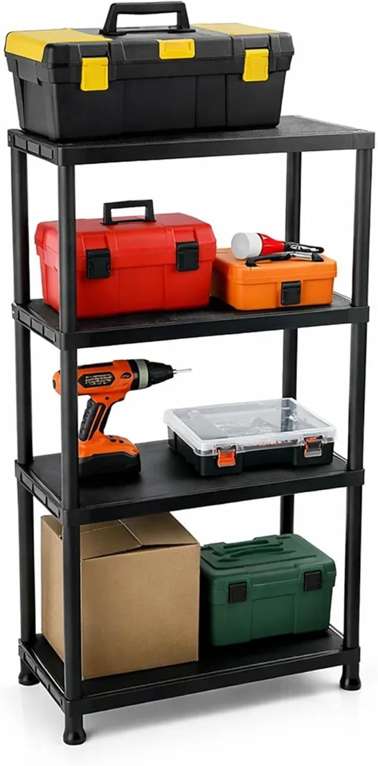 Lot 805: OYPLA 4 TIER BLACK PLASTIC HEAVY DUTY SHELVING RACKING STORAGE ...