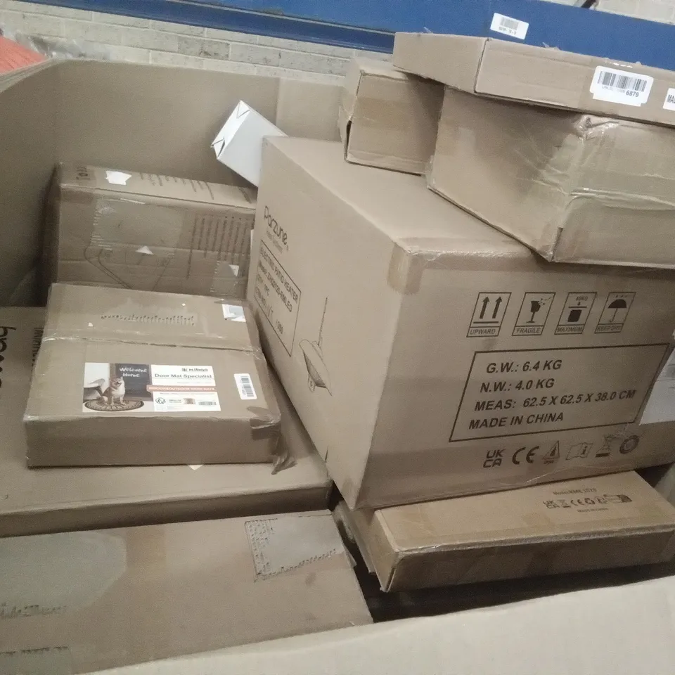 PALLET OF ASSORTED ITEMS INCLUDING GREEN CHRISTMAS TREE, AMAGABELI INDOOR LOG HOLDER, QIWEY ROLLING UTILITY CART WITH DRAWERS, ELECTRIC CONVECTOR HEATER, SIMPDIY SHOE BOXES, ELECTRIC PATIO HEATER