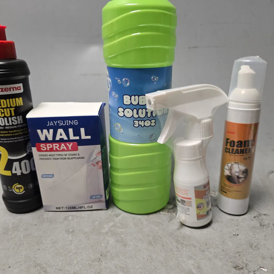APPROXIMATELY 8 ASSORTED ITEMS TO INCLUDE - WALL SPRAY , FOAM CLEANER , BUBBLE SOLUTION ETC