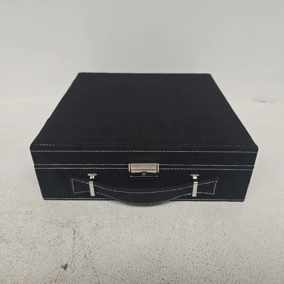 UNBRANDED BLACK JEWELLERY BOX WITH BEIGE LINING, RING-SLOTS AND COMPARTMENTED TRAY