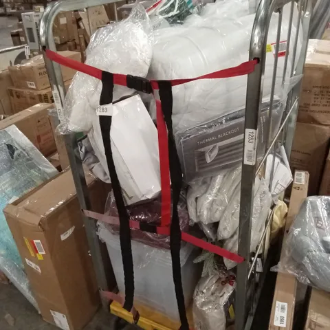 CAGE OF ASSORTED HOUSEHOLD GOODS AND PRODUCTS TO INCLUDE; CURTAINS, BEDDING, TOWELS AND CHRISTMAS DECORATIONS ETC