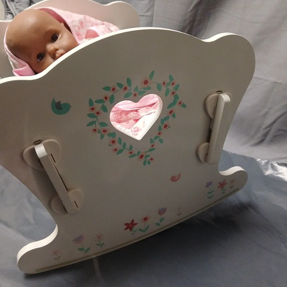 DOLL'S CRADLE WITH BABY DOLL – WHITE WOODEN NURSERY FURNITURE (FLORAL & HEART MOTIF)