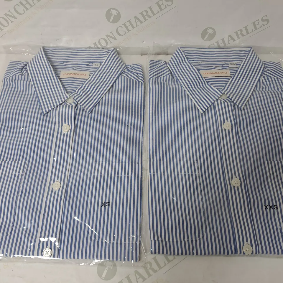 SEALED SET OF 5 BRAND NEW CORPORATIVE STYLE BLUE & WHITE STRIPE WOMENS SHIRT- XS & XXS