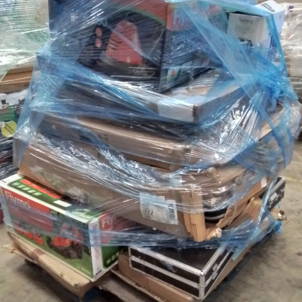 PALLET OF ASSORTED HOUSEHOLD GOODS AND PRODUCTS TO INCLUDE;LAWN MOWER,BRIEFCASE,FLATPACKED FURNITURE,KETTLE 