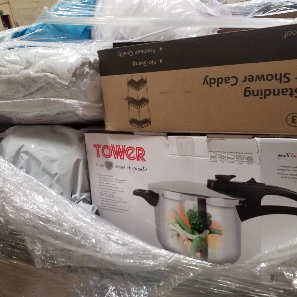 PALLET CONTAINING ASSORTED HOUSEHOLD PRODUCTS INCLUDING TOWER 6L PRESSURE COOKER, BAMBOO MATTRESS TOPPER, SADDLE SEAT, POWER INVERTER & PHOTO FRAMES