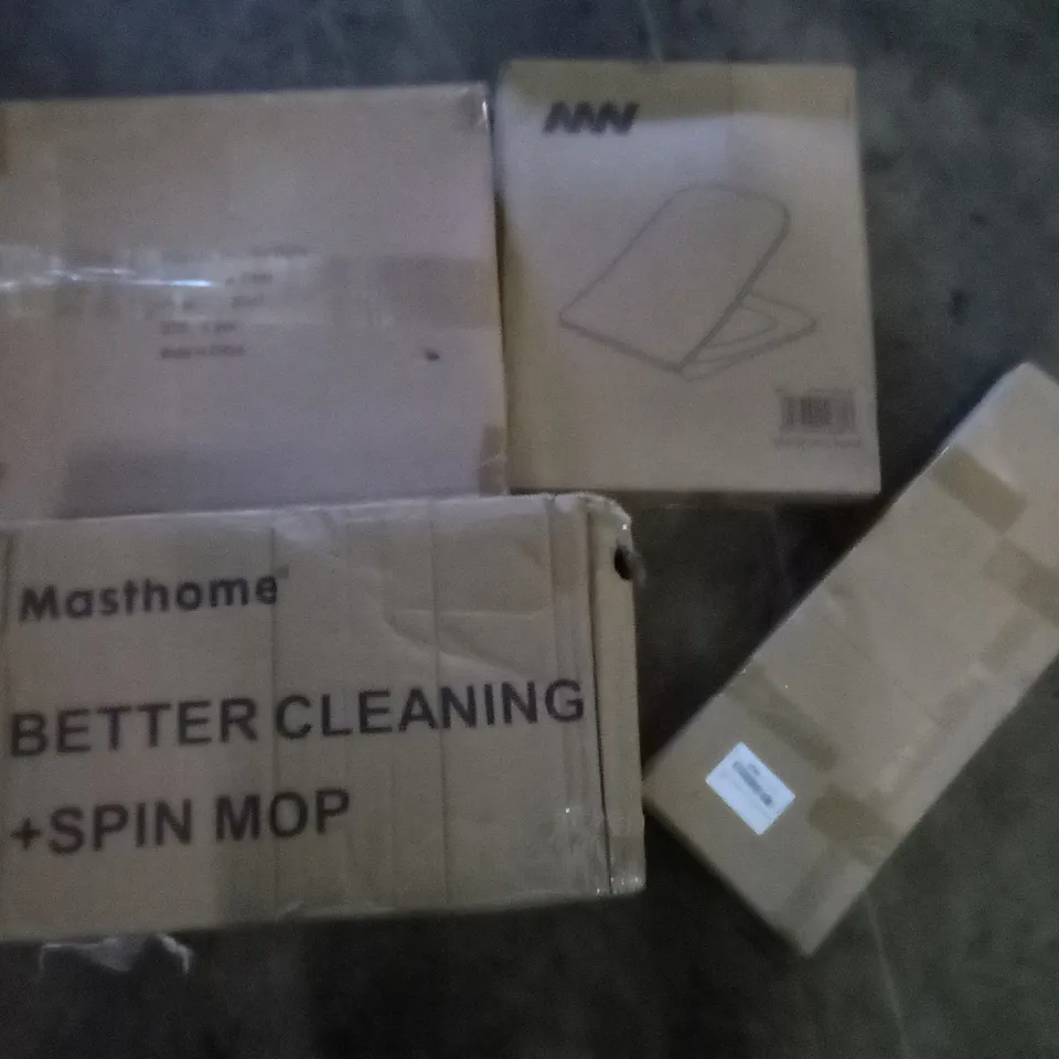 PALLET OF ASSORTED ITEMS INCLUDING TOILET SEAT, STEEL PET STAIRS, SPIN MOP, FOLDING TOWEL RACK