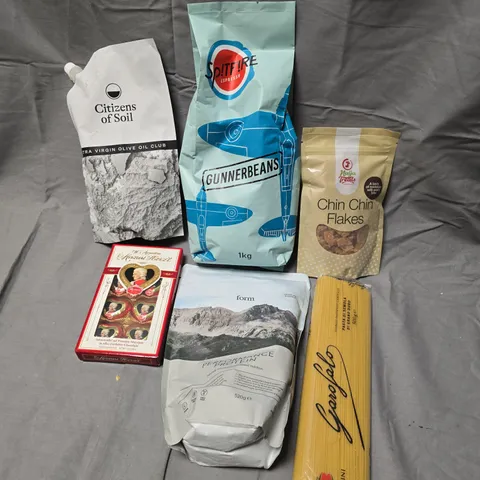NINE ASSORTED PRODUCTS TO INCLUDE; SPITFIRE ESPRESSO, CHIN CHIN FLAKES, CITIZENS OF SOIL EXTRA VIRGIN OLIVE OIL