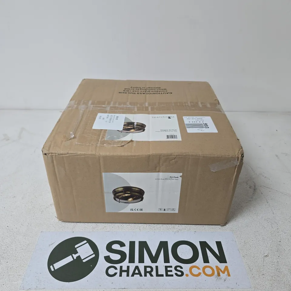 BOXED SEARCHLIGHT LUMINOSA EDINBURGH 2 LIGHT BATHROOM FLUSH CEILING LIGHT ANTIQUE BRASS