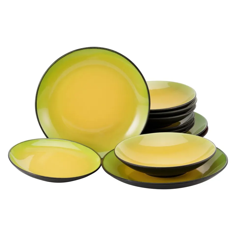 BOXED HOT GREEN APPROXIMATELY 12 PIECE STONEWARE DINNERWARE SET SERVICE FOR 4