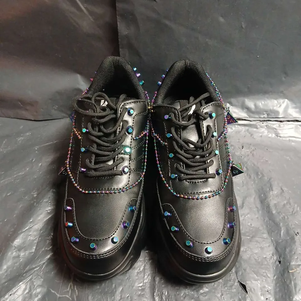 BOXED PAIR OF KOI BLACK PLATFORM SNEAKERS WITH MULTICOLOUR BEAD EMBELLISHMENT - UK SIZE 6