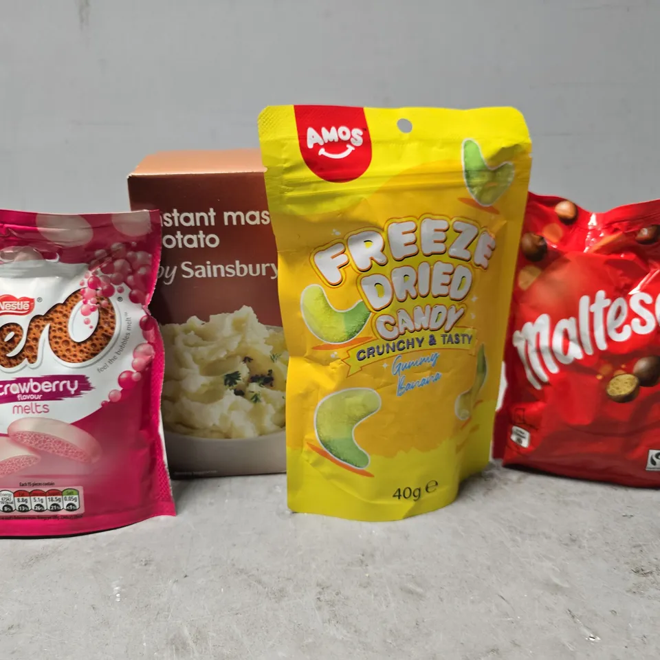 APPROXIMATELY 13 ASSORTED FOOD ITEMS TO INCLUDE - AERO STRAWBERRY MELTS , MALTESERS , FREEZE DRIED CANDY ETC