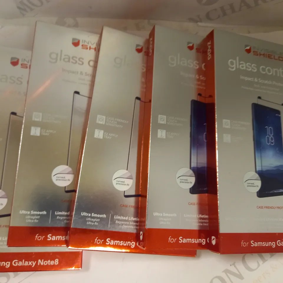 LOT OF APPROXIMATELY 5 ASSORTED INVISIBLE SHIELD GLASS CONTOUR IMPACT & SCRATCH PROTECTION FOR SAMSUNG GALAXY NOTE 8