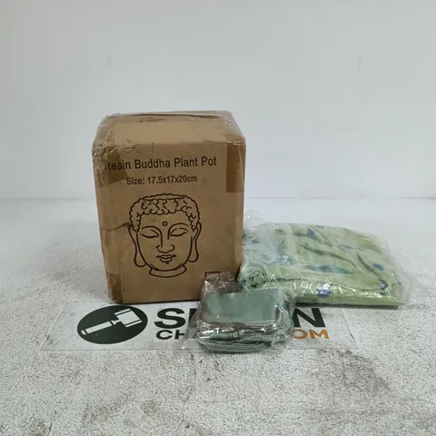 BOX OF APPROXIMATELY 25 ASSORTED ITEMS TO INCLUDE BUDDHA PLANT POT, PURSE, LA MAREY CLOTHING ETC