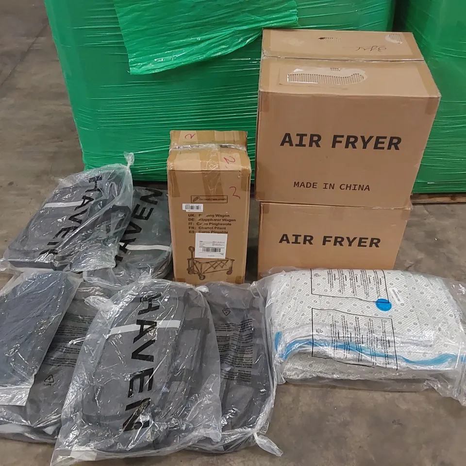 PALLET OF ASSORTED CONSUMER PRODUCTS TO INCLUDE: AIR FRYERS, FOLDING WAGON, HAVEN BACKPACKS, RUGS ECT