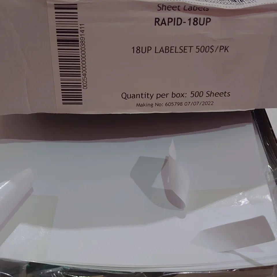 PALLET CONTAINING 50 BOXES OF 500-PACK RAPID-18UP SHEET LABELS