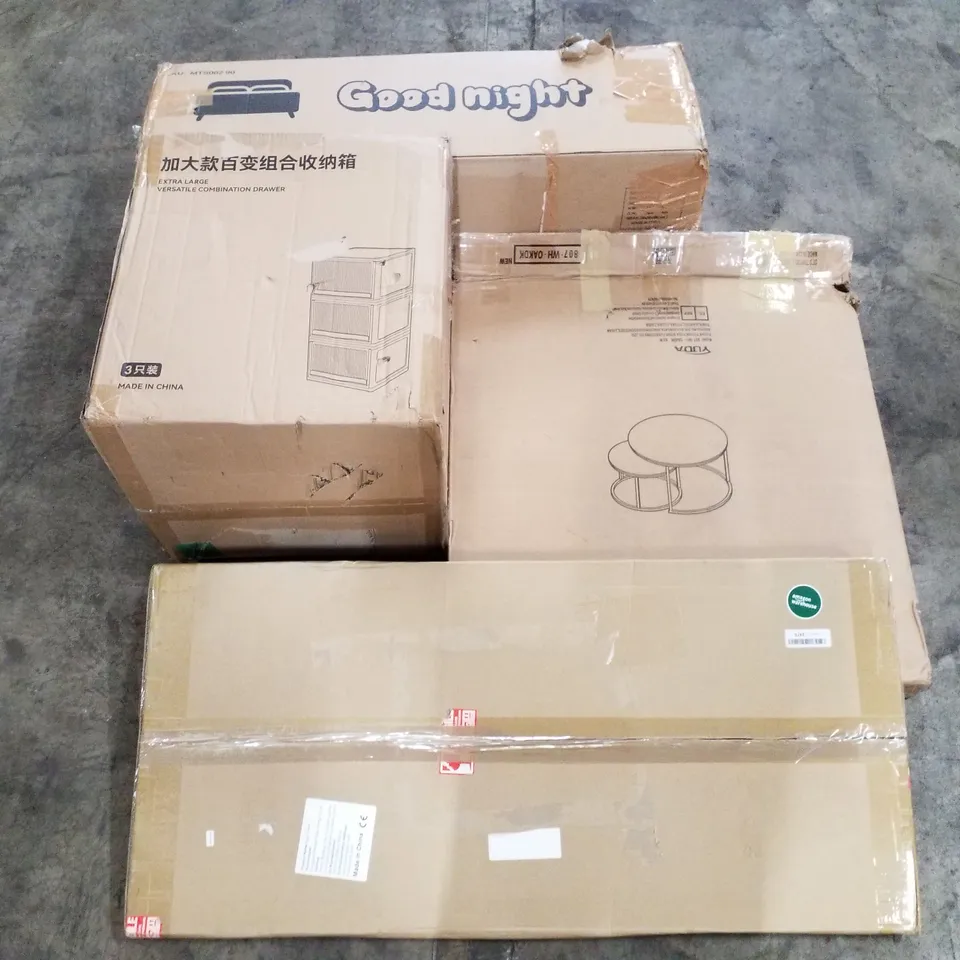 PALLET OF ASSORTED PRODUCTS INCLUDING COMBINATION DRAWER, COFFEE TABLE, SOLAR PANEL, WALL MIRROR