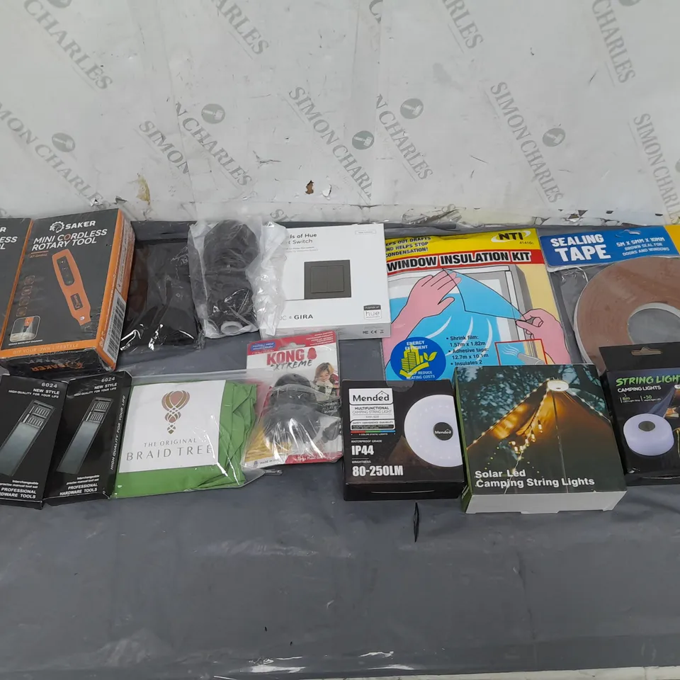 TOTE OF APPROX 10 HOUSEHOLD ITEMS TOO INCLUDE MINI CORDLESS ROTARY TOOL, WINDOW INSULATION KIT, AND SEALING TAPE ETC. 