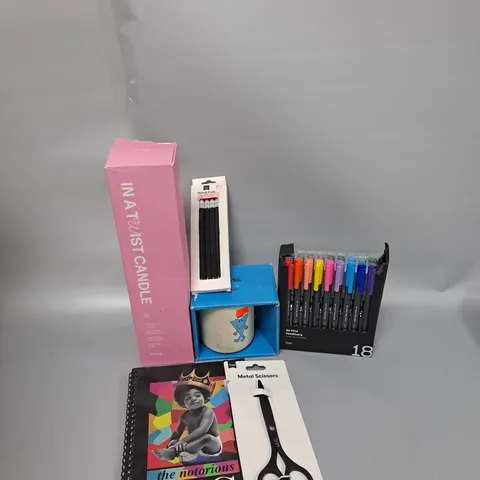 BOX OF ASSORTED HOUSEHOLD ITEMS TO INCLUDE NOTEPAD, MUGS, SCISSORS ETC