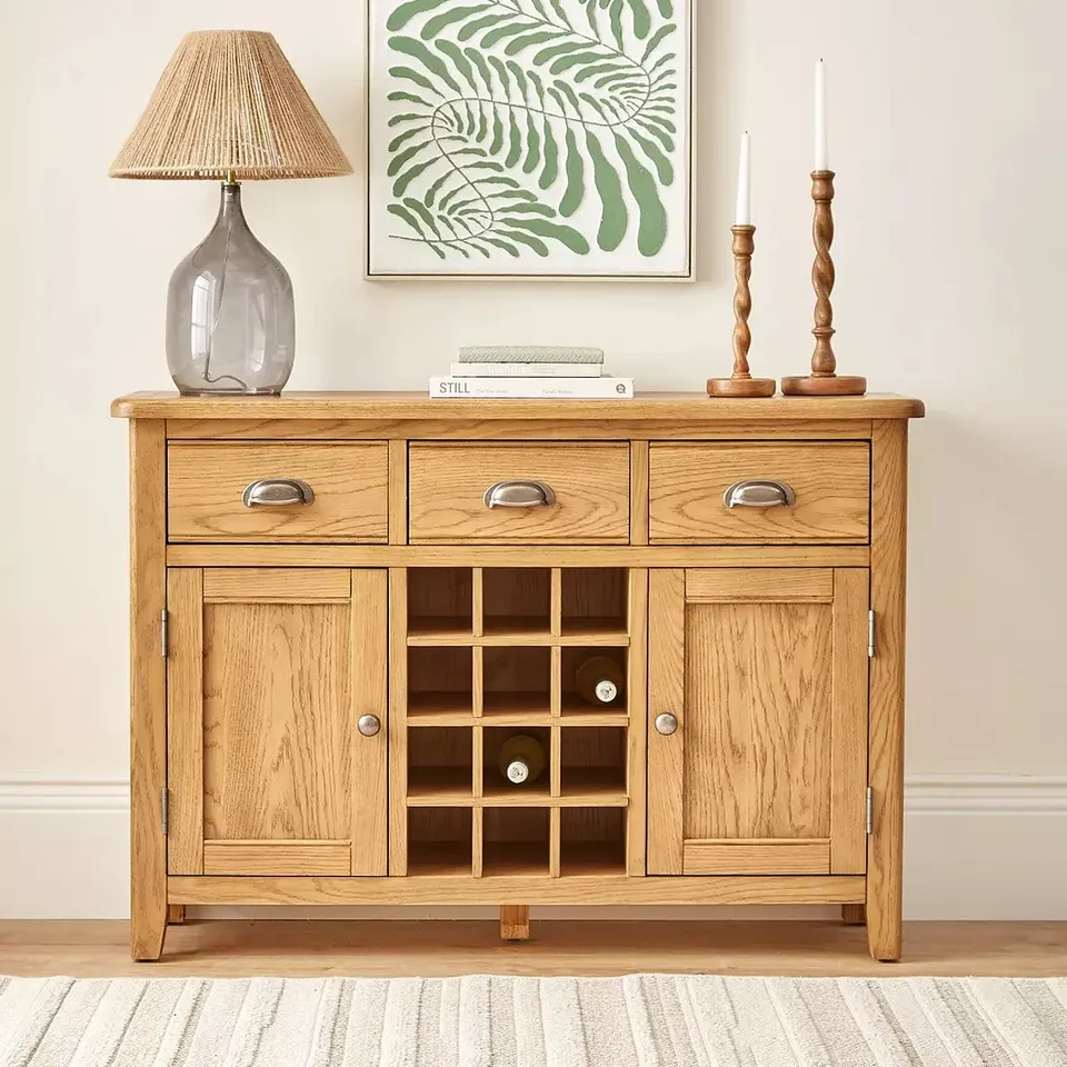 BOXED WOODLAND READY ASSEMBLED LARGE SIDEBOARD WITH WINE RACK - OAK