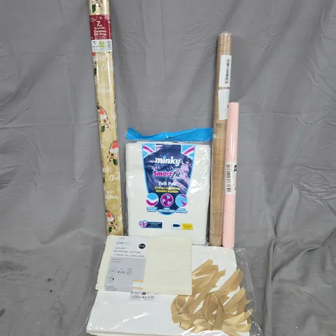 APPROXIMATELY 15 ASSORTED HOUSEHOLD PRODUCTS TO INCLUDE GIFT WRAP, M&S PILLOWCASES, MINKY FELT PAD, ETC