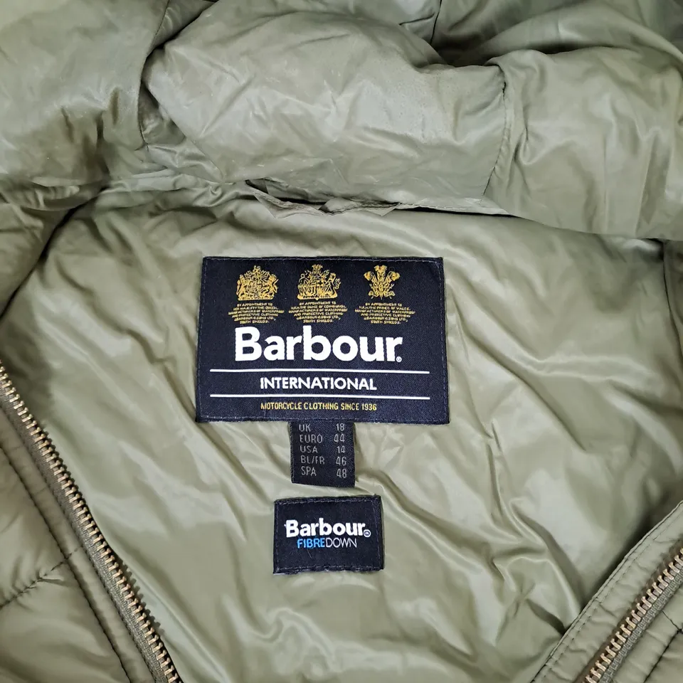 BARBOUR INTERNATIONAL FIBRE DOWN JACKET IN KHAKI SIZE 18