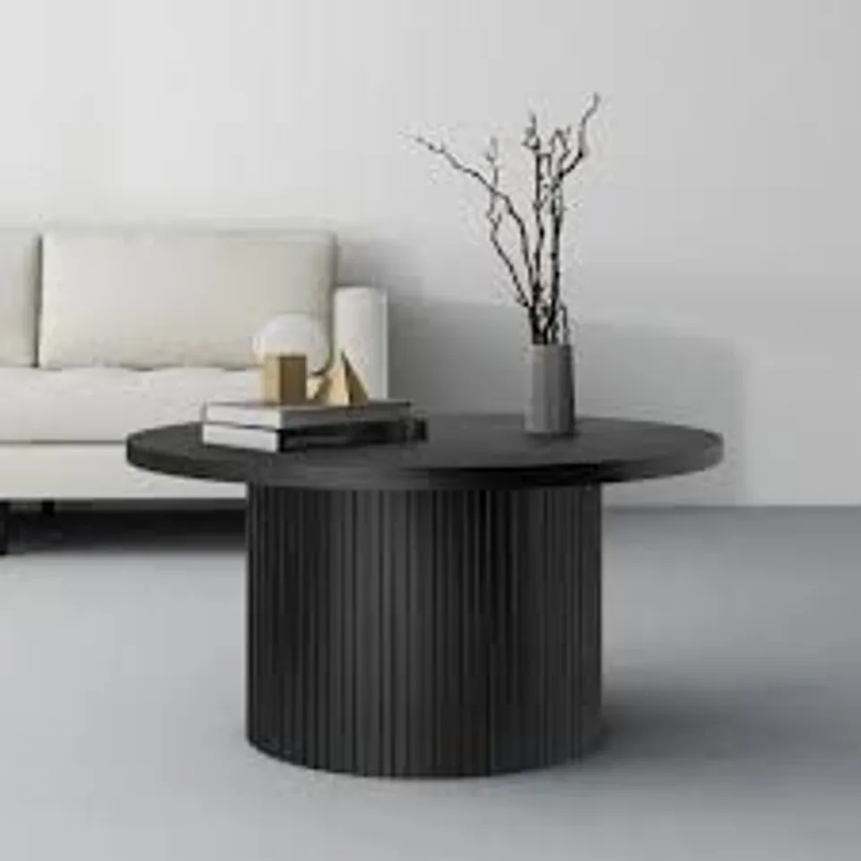 BOXED ROUND COFFEE TABLE WITH SOLID WOOD CIRCLE PEDESTAL TABLE BLACK - 35.5" X 17.7"