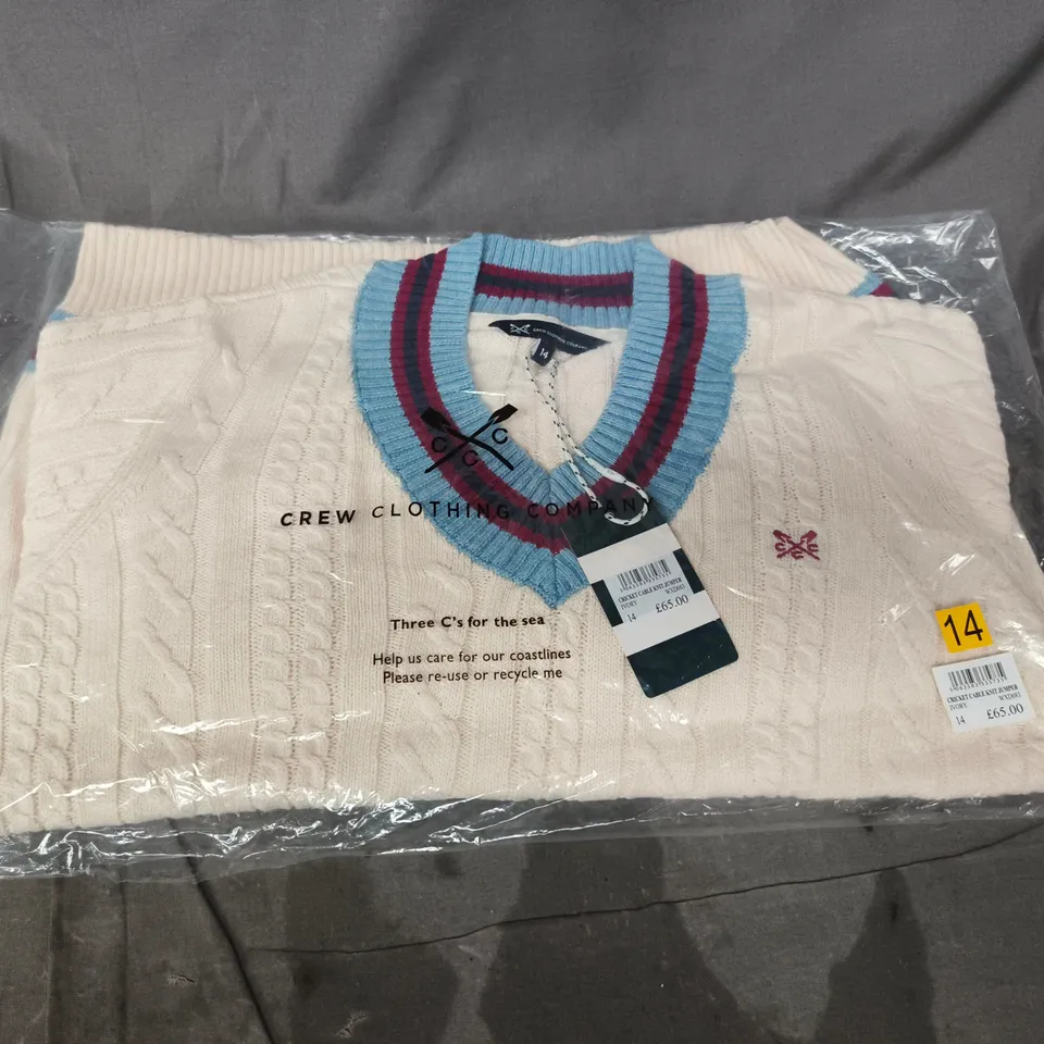 CREW CLOTHING CRICKET CABLE KNIT JUMPER – IVORY, UK SIZE 14