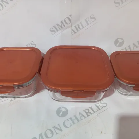 BOXED SET OF 3 LOCK N LOCK GLASS FOOD STORAGE CONTAINERS W. PLASTIC LIDS IN ORANGE