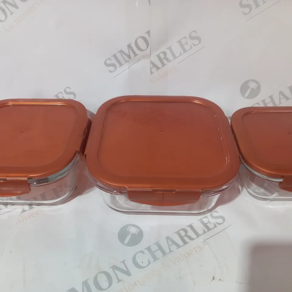 BOXED SET OF 3 LOCK N LOCK GLASS FOOD STORAGE CONTAINERS W. PLASTIC LIDS IN ORANGE