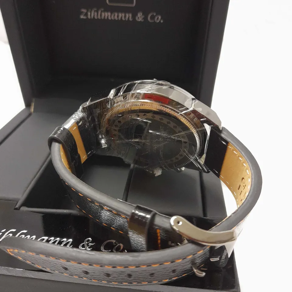 ZIHLMANN & CO GREY TRIPLE DIAL BLACK LEATHER STRAP WATCH