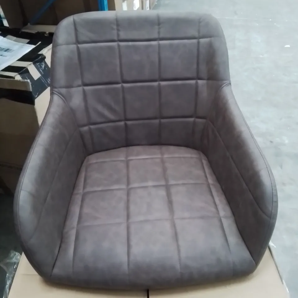 A BOXED PAIR OF FAUX LEATHER PADDED UPHOLSTERED CHAIRS IN BROWN